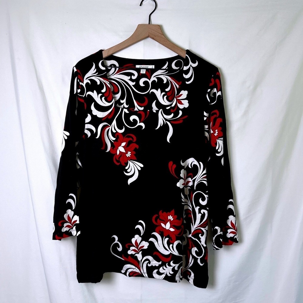 Chico's Womens Scroll Long Sleeve Scoop Neck Blouse Size Size 3/XL Black Red